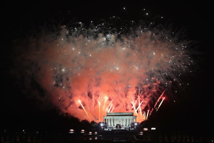 Fireworks explode following an inauguration celebration for President-elect Donald Trump at the Lincoln Memorial on Thursday.