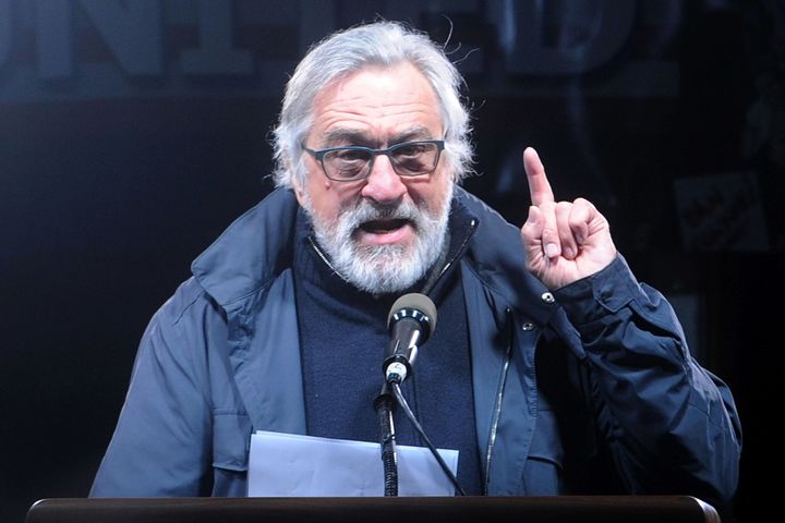 Robert De Niro speaks onstage at the We Stand United NYC Rally at Trump International Hotel & Tower on January 19.