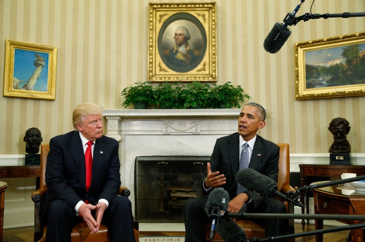 U.S. President Barack Obama (R) meets with President-elect Donald Trump to discuss transition plans in the White House Oval Office in Washington, U.S., November 10, 2016.