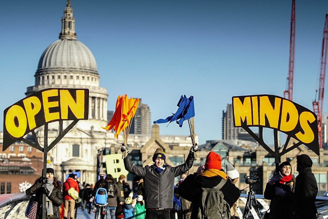 Demonstrators on Millennium Bridge.