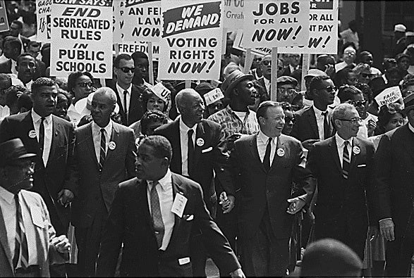 The March on Washington participants and leaders marching from the Washington Monument to the Lincoln Memorial