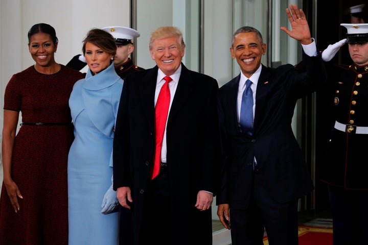 <strong>Barack and Michelle Obama greet Donald Trump and his wife Melania.</strong>