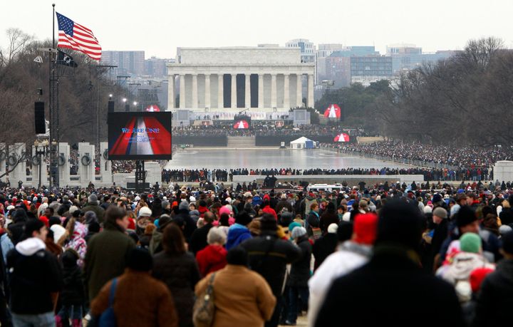 The crowd gathers around the Lincoln Memorial as the Obama Inauguration concert was about to begin