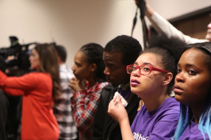 Brianna Meadows, Bresha's older sister (second from right), cries as she watches the court proceedings Jan. 20.