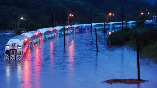 Government of Ontario train stuck in flood near Toronto.