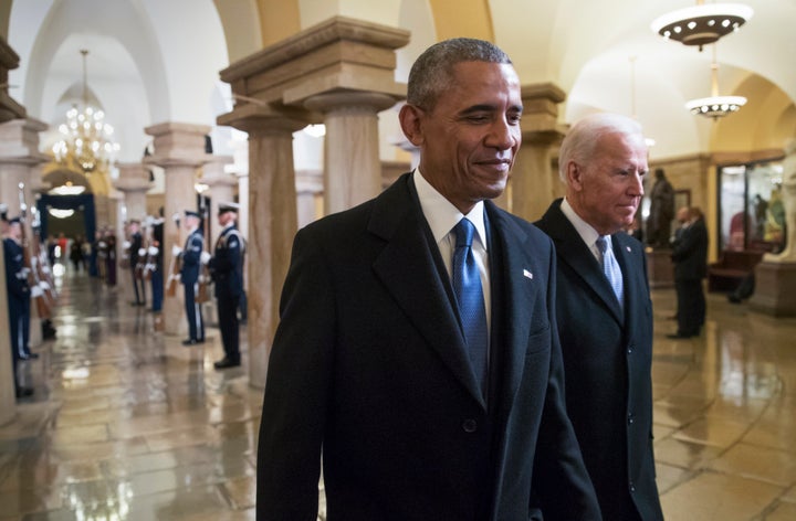 President Barack Obama and Vice President Joe Biden walk through the Crypt of the Capitol for Donald Trump's inauguration.