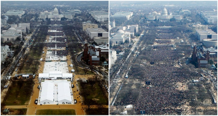 A combination of photos taken at the National Mall shows the crowds attending the inauguration ceremonies to swear in President Donald Trump at 12:01pm (L) on Jan. 20, 2017, and President Barack Obama (R) on Jan. 20, 2009, in Washington.