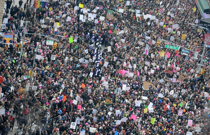 Thousands of participants converge on Dag Hammarskjold Plaza and 2nd Avenue during the Women's March in New York City on Jan. 21, 2017.