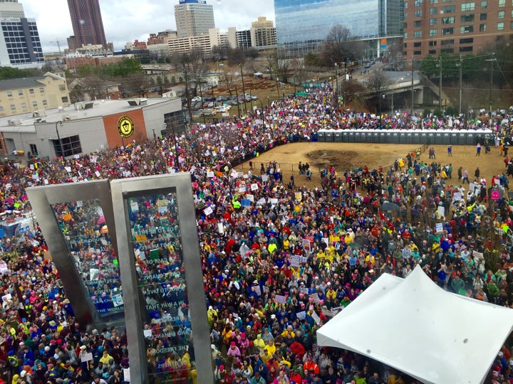 Crowds jam the streets around the Center for Civil and Human Rights during the Atlanta March for Social Justice and Women on January 21, 2017.