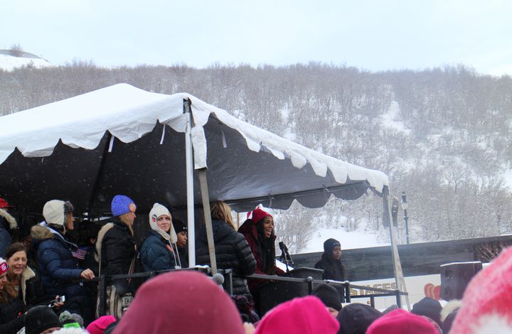 Jessica Williams speaks at Sundance's women's march.