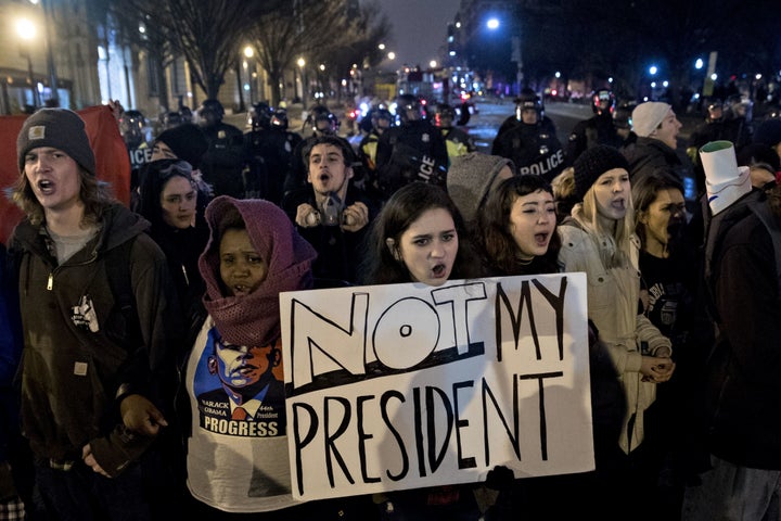 Protesters block K Street during a demonstration in Washington, D.C., on Jan. 20, 2017. Speakers at an event that evening encouraged civil disobedience.