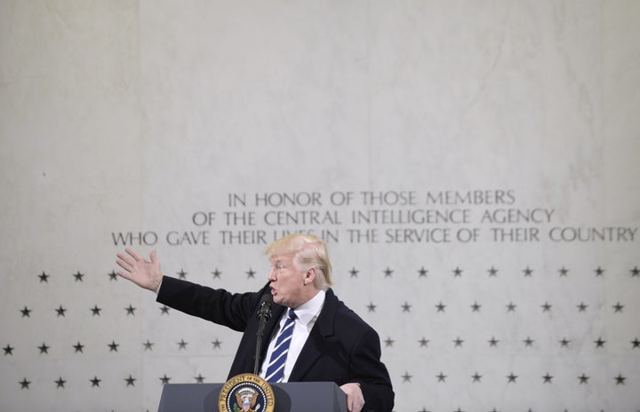 President Donald Trump speaks at the CIA headquarters in Langley, Virginia, on Saturday. 