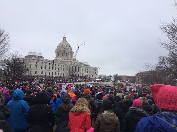 Women, men, and children gather at the Minnesota State Capitol for the Women’s March on January 21, 2017.