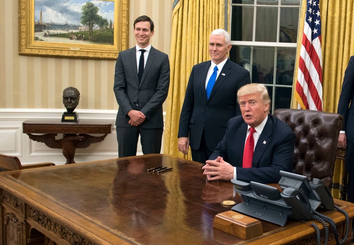 The bust of Sir Winston Churchill, seen on the left, was immediately moved into the Oval upon President Trump's inauguration