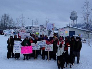 The Willow, Alaska, contingent of marchers in Palmer, where more than 1,000 took to the snowy streets.