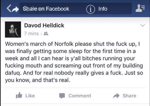 Facebook post by Davod Helldick (This is the man’s actual name) not a troll account. He is the owner of two restaurants in downtown Norfolk, Virginia.