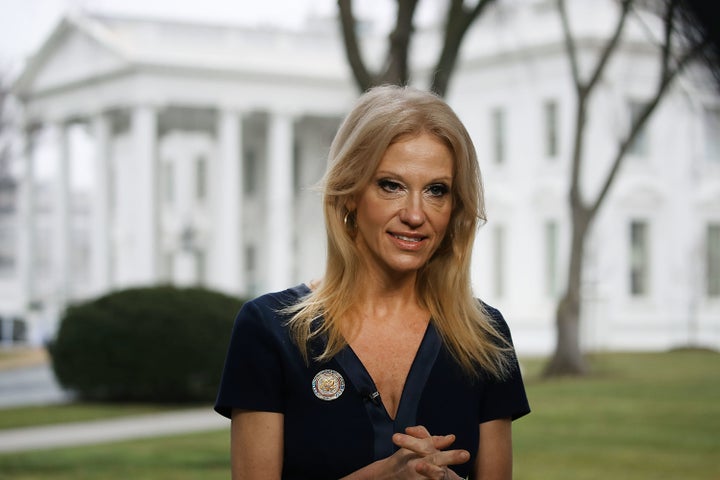 Kellyanne Conway prepares to appear on the Sunday morning show Meet The Press, from the north lawn at the White House.