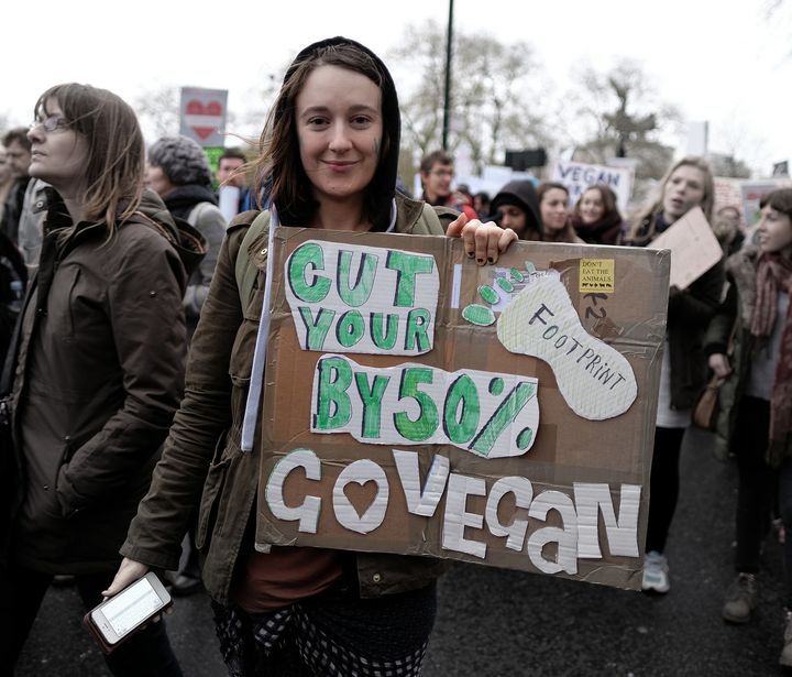 A protestor promotes veganism at the London climate march. Photo by Alisdare Hickson via Flickr/cc.