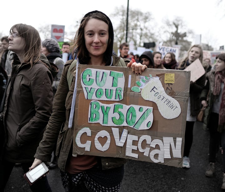 A protestor promotes veganism at the London climate march. <a rel="nofollow" href="https://www.flickr.com/photos/alisdare/233