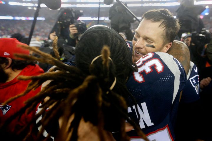 New England Patriots Tom Brady, right, and Brandon Bolden celebrate after defeating the Pittsburgh Steelers to advance to Super Bowl LI.