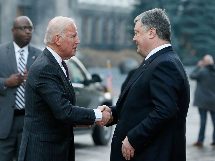 Ukrainian President Petro Poroshenko (R) welcomes then-U.S. Vice President Joe Biden during a meeting in Kiev, Ukraine on Jan. 16, 2017.