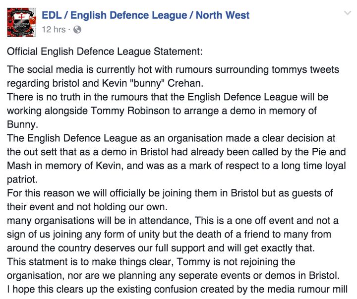 The statement from the English Defence League distancing itself from Robinson