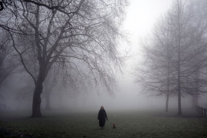 Swathes of the UK are suffering from very high levels of air pollution in the still, cold weather; a woman emerges from the fog on Parsons Green, London, above