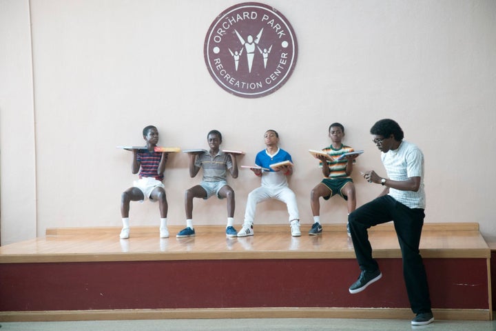Caleb McLaughlin (second left) as Ricky Bell in BET's "The New Edition Story."
