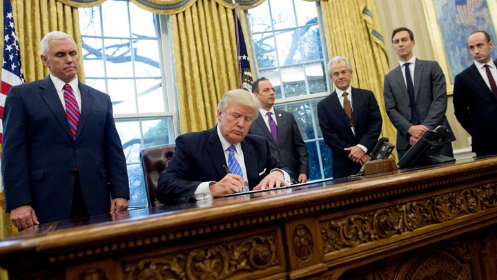 President Donald Trump signed three executive orders Monday in the Oval Office. 