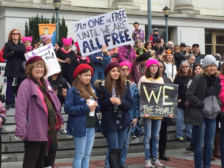 Women gathered in Berkeley on Saturday in solidarity with the Women's March on Washington. 