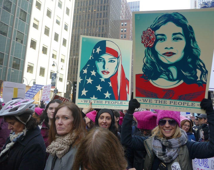 Protesters attend the Women's March to protest President Donald Trump in New York, USA on January 21, 2017.