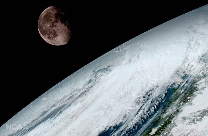 The moon as seen from geostationary orbit 22,300 miles above the equator on Jan. 15. GOES-16 uses the moon for calibration, according to the NOAA.