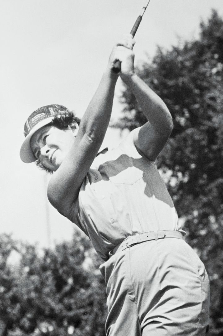 In this undated photo, Louise Suggs is seen driving as she gained a tie after two rounds of the Warren Women's Open golf tournament in Warren, Ohio.
