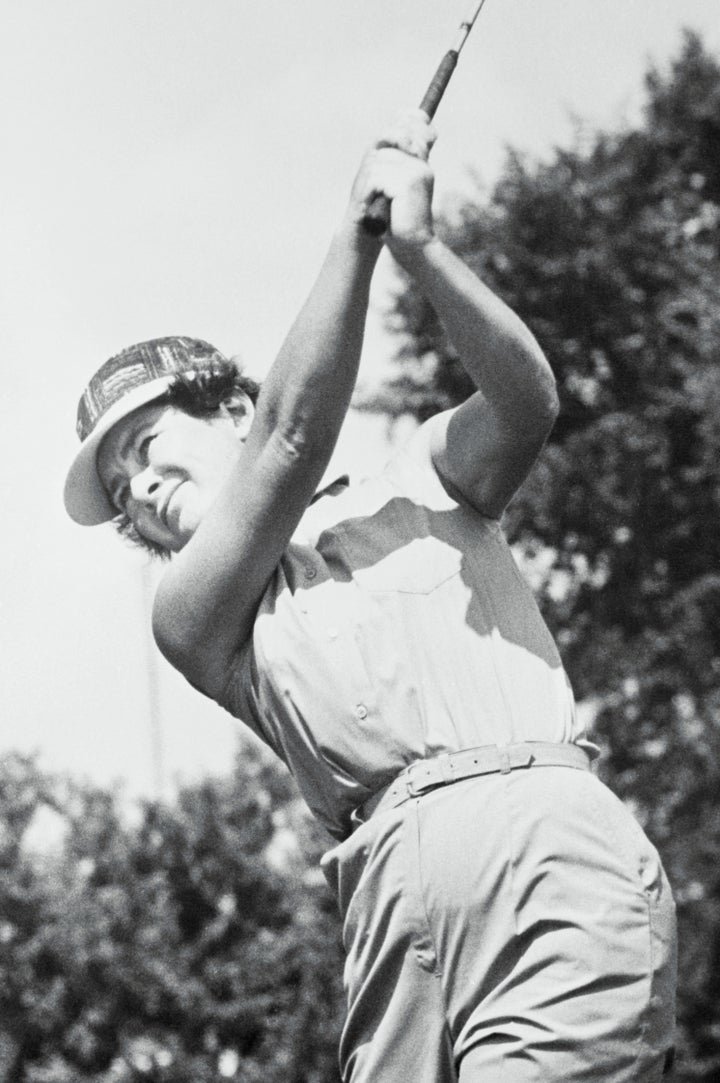 In this undated photo, Louise Suggs is seen driving as she gained a tie after two rounds of the Warren Women's Open golf tour