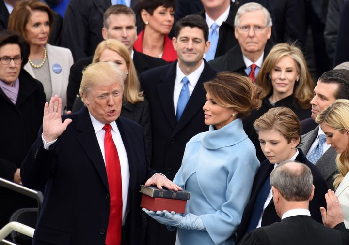 U.S. President Donald Trump takes the oath of office during the presidential inauguration ceremony in Washington D.C. on Jan. 20, 2017.