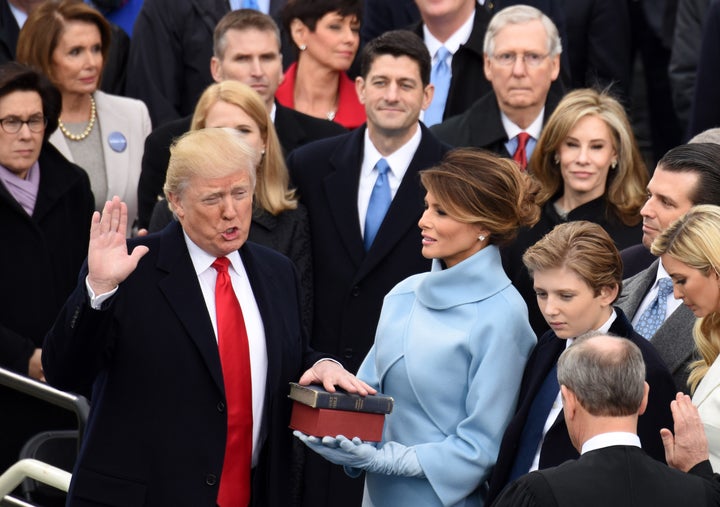 U.S. President Donald Trump takes the oath of office during the presidential inauguration ceremony in Washington D.C. on Jan.