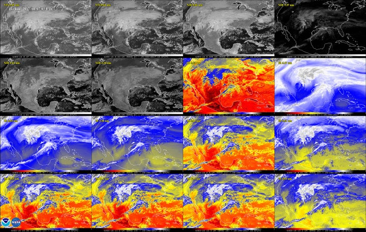 A storm system seen via each of the 16 different wavelengths visible to the ABI. Per NOAA, this includes (from left to right, starting at the top) two in the visible spectrum, four near-infrared and 10 infrared channels.