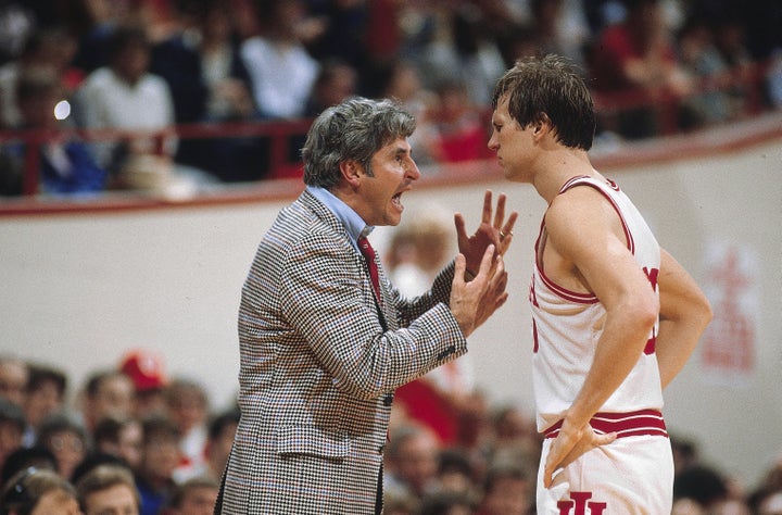 Indiana head coach Bob Knight with Tom Kitchel (#30) during a game vs Northwestern. Bloomington, Indiana, Feb. 19, 1983.