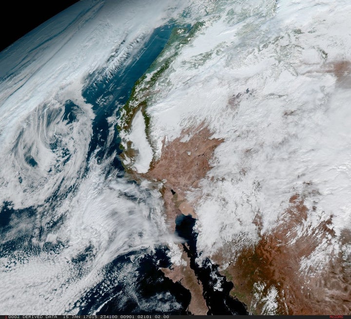 GOES-16 captured this image of the west coast of the United States and the Baja Peninsula in Mexico on Jan. 15. 