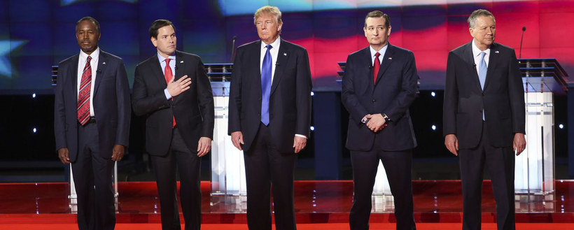 Then-Republican presidential candidate Donald Trump prepares for a primary debate in February, 2015.