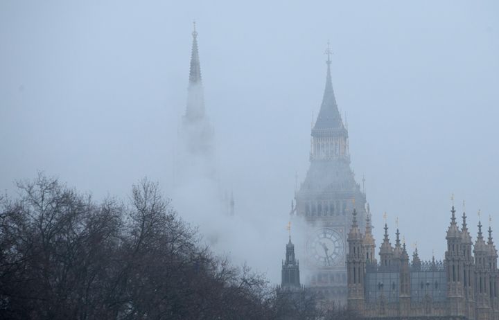 Big Ben is seen through fog and mist yesterday.