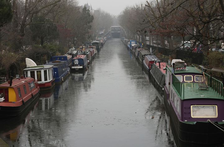 The frozen surface of the Grand Union Canal in Little Venice, London.