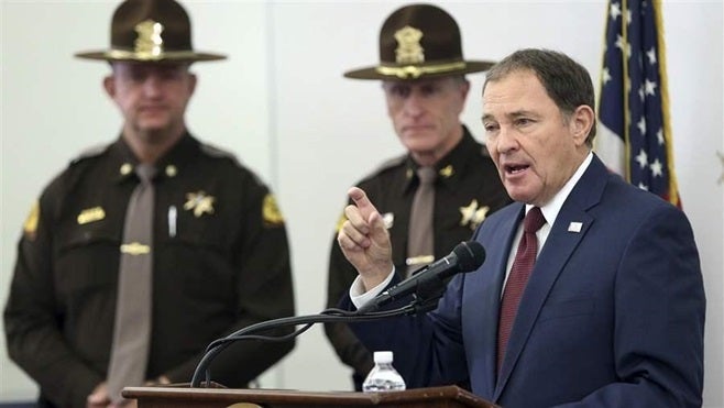Utah’s Republican Gov. Gary Herbert talks about his latest budget proposal at state police headquarters. Utah is among the st