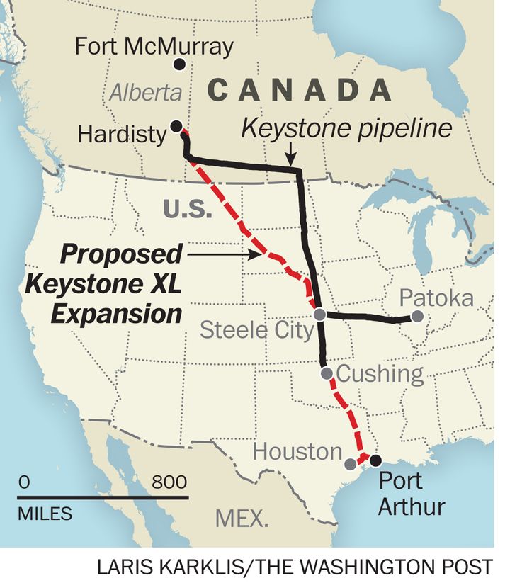 A map shows where the Keystone XL, an extension of the existing Keystone pipeline, would run. 