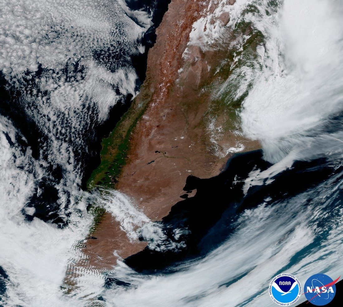 NOAAs GOES-16 satellite captures a view of the entire Western Hemisphere including Argentina, South America. Storms are evident in the northeast and mountain wave clouds can be seen in the southwest.