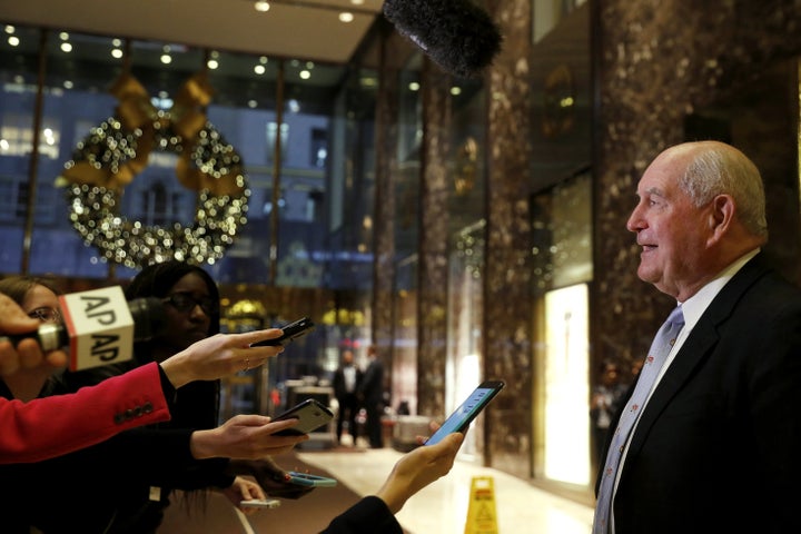 Former Georgia governor Sonny Perdue speaks to the news media after a meeting at Trump Tower with President Donald Trump in New York on November 30, 2016.