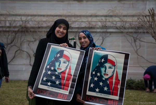 One of Shepard Fairey’s newest posters from the “We the People” campaign proved inspirational to many in the Muslim community as well as many supporters, some of whom donned US flags as hijabs. 