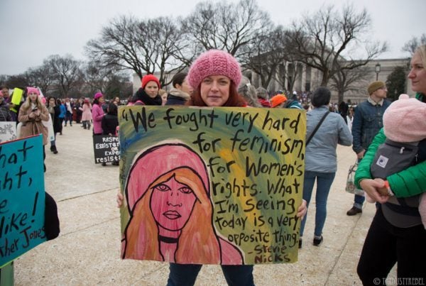 Musician Stevie Nicks was quoted on this sign by Panhandle Slim from Savannah, GA, while Madonna blathered curse words at the mic. Music released in response to Trump/Pence’s election/inauguration include new songs by A Tribe Called Quest, John Mellencamp, Tori Amos, Arcade Fire with Mavis Staples, Green Day, Gorillaz, Coco Rosie, and a growing list. 