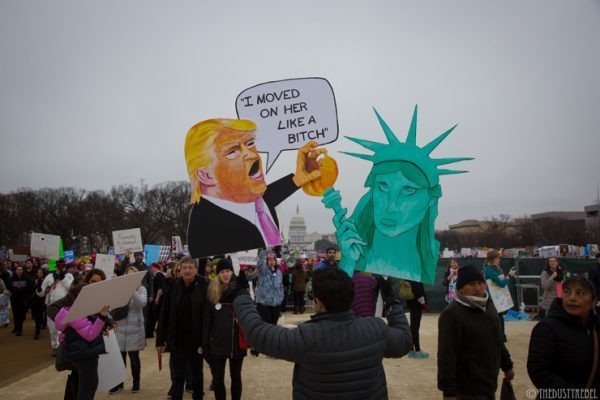 <p>Using a Trump quote from a <a href="https://www.nytimes.com/2016/10/08/us/donald-trump-tape-transcript.html" target="_blank" role="link" rel="nofollow" class=" js-entry-link cet-external-link" data-vars-item-name="video tape released in October" data-vars-item-type="text" data-vars-unit-name="5887c432e4b0a53ed60c6a11" data-vars-unit-type="buzz_body" data-vars-target-content-id="https://www.nytimes.com/2016/10/08/us/donald-trump-tape-transcript.html" data-vars-target-content-type="url" data-vars-type="web_external_link" data-vars-subunit-name="article_body" data-vars-subunit-type="component" data-vars-position-in-subunit="17">video tape released in October</a>, this sign features the Statue of Liberty. </p>