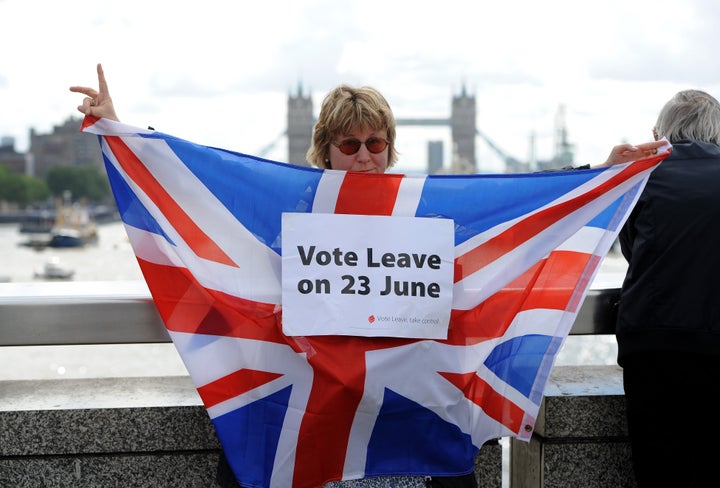 A Brexit supporter campaigns in central London. June 15, 2016.